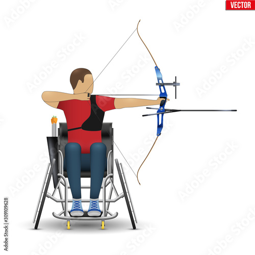 Disabled archer athlete aiming with sports bow. Archery Sport Equipment for paralympic athletes. Disability Archer Man Aiming an arrow. Vector Illustration isolated on white background.