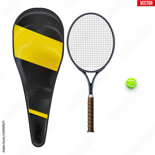 Set of tennis equipment. Ball and racket with case. Editable Vector Illustration isolated on white background.