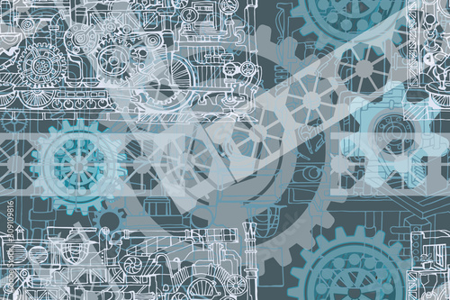 Vector seamless pattern with abstract industry or steampunk background. Fantasy technology or factory illustration with decorative machine sketch elements.  Hand drawn.