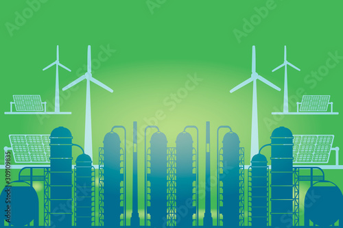 Abstract industrial panorama green background. Vector line art illustration featuring oil gas and green energy electricity factories.
