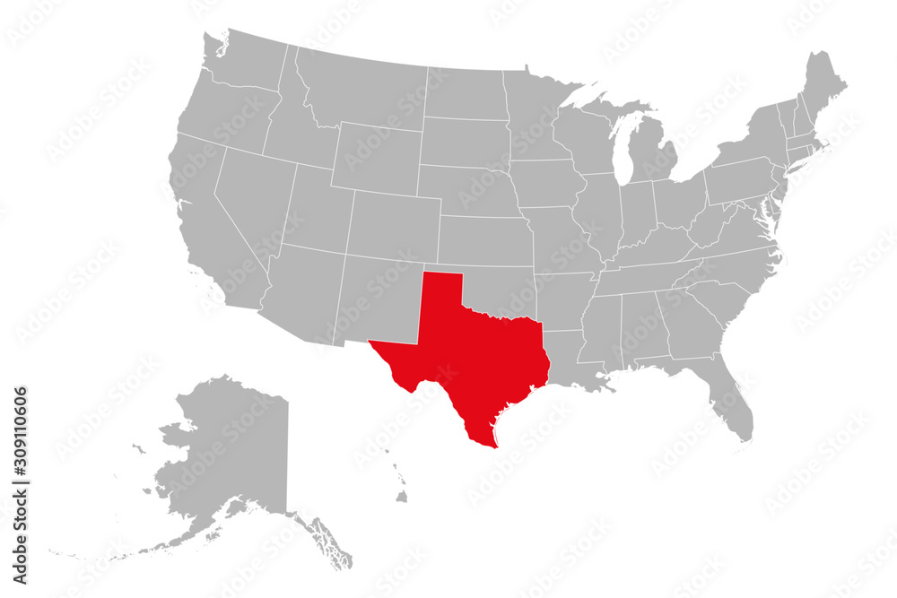 USA map highlighting texas state vector illustration. Gray background. United states political map.