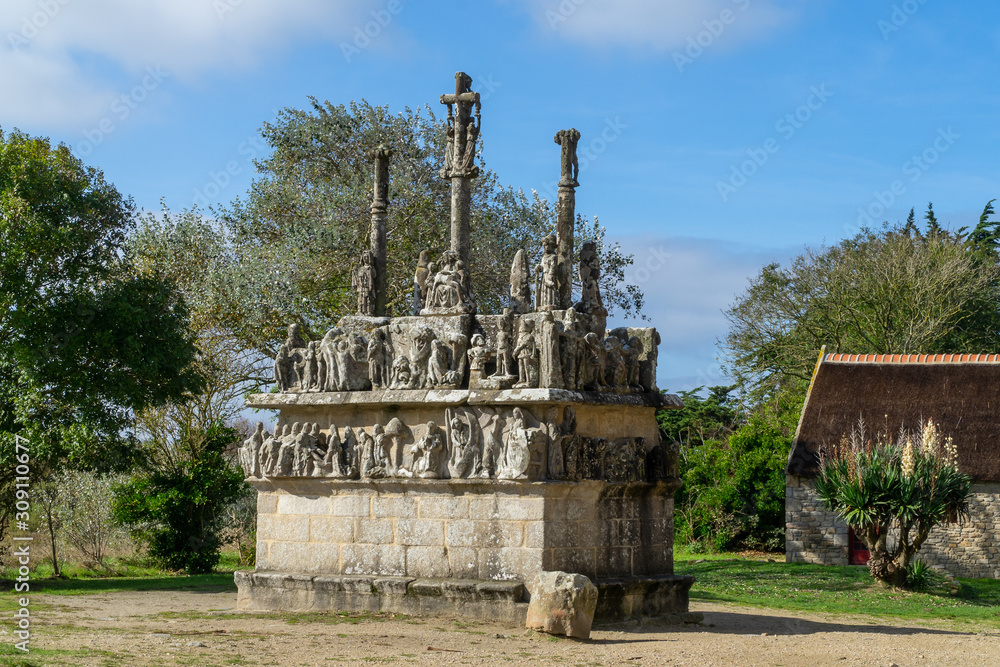 The Calvary at Tronoen. The old calvary in granite stands near the chapel Notre-Dame in Saint-Jean-Trolimon, Finestere, Brittany