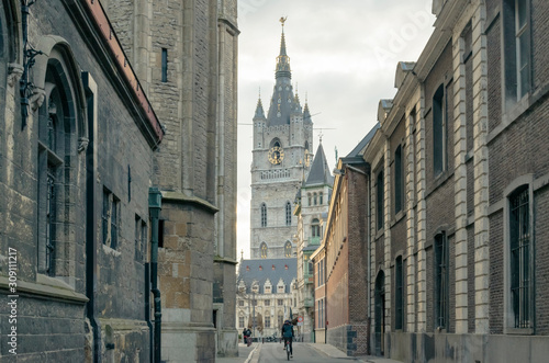 architecture, beautiful, belfry, belgium, brown, building, center, city, cityscape, contrasts, cyclist, day, europe, facade, ghent, gothic, gray, high, historic, historical, history, landmark, medieva