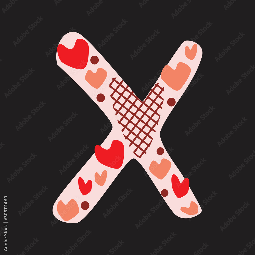 A letter X with red and pink doodle hearts isolated on black background, a vector stock illustration with romantic font letters for Valentine's day, anniversary, love date, wedding A letter X with red and pink doodle hearts isolated on black background, a vector stock illustration with romantic font letters for Valentine's day, anniversary, love date, wedding