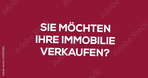 Immobilienmakler. Textanimation für Blog, Soziale Medien oder Website. Werbung/Marketing für Makler bei Verkauf einer Immobilie. Hintergrund rot