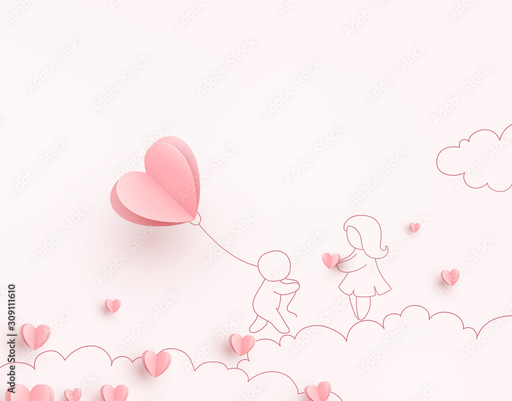 Valentines hearts with man holding balloon and woman. Paper flying elements on pink background. Vector symbols of love for Happy  Valentine's Day greeting card design..