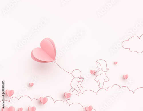 Valentines hearts with man holding balloon and woman. Paper flying elements on pink background. Vector symbols of love for Happy  Valentine's Day greeting card design..