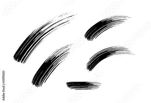 Mascara eyelashes brush stroke set isolated on white background. Vector black hand drawn lash scribble texture swatch for fashion cosmetic makeup design.