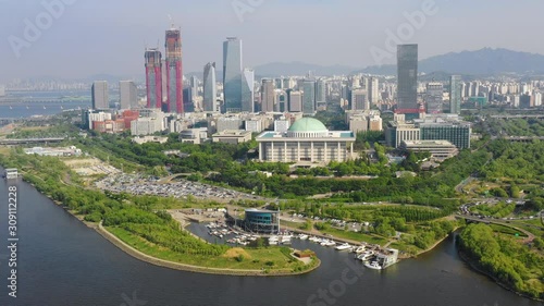 Yeouido island, business and financial center of Seoul, South Korea aerial shot