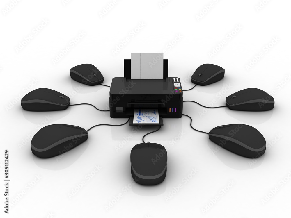 3d illustration Generic inkjet printer CMYK cartridges connected mouse 3d illustration Generic inkjet printer CMYK cartridges connected mouse