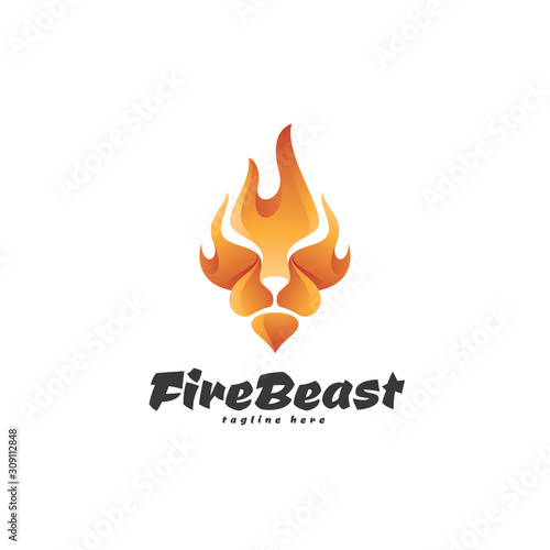 Abstract Beast Animal Lion Head and Fire Flame Illustration Logo Icon