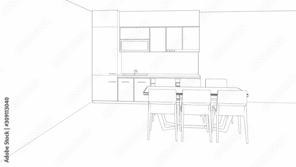 sketch of modern house, kitchen and dining room interior design, video 3d animation sketch of modern house, kitchen and dining room interior design, video 3d animation