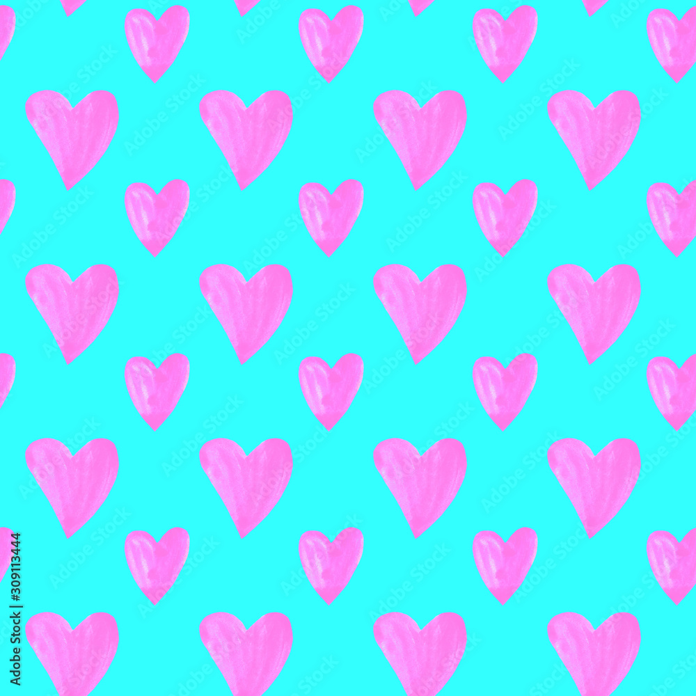 Seamless pattern with watercolor hearts. Romantic love hand drawn backgrounds texture. For greeting cards, wrapping paper, packaging, wedding, birthday, fabric, textile, Valentine's Day, mother's Day