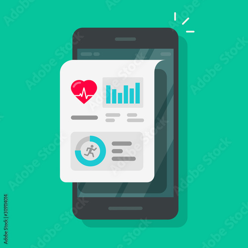 Health or fitness tracker app on mobile phone vector, flat cartoon smartphone steps or run tracking data and pulse heartbeat medical information on screen, cellphone sport activity counter