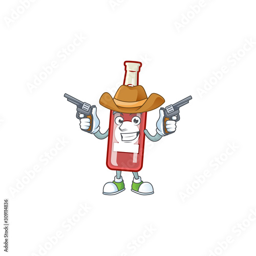 Champagne red bottle cartoon character as a Cowboy holding guns