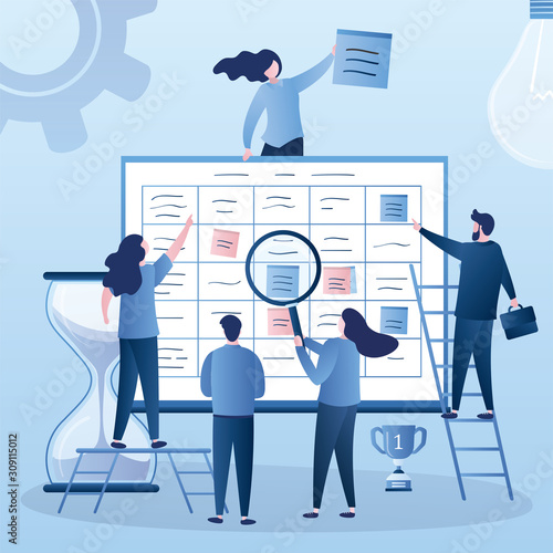 Priorities in work and schedule. Business people,hourglass and big timetable or to-do list. Time management