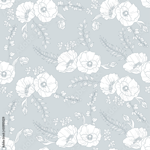 Vector seamless floral pattern with white bouquets on the grey background
