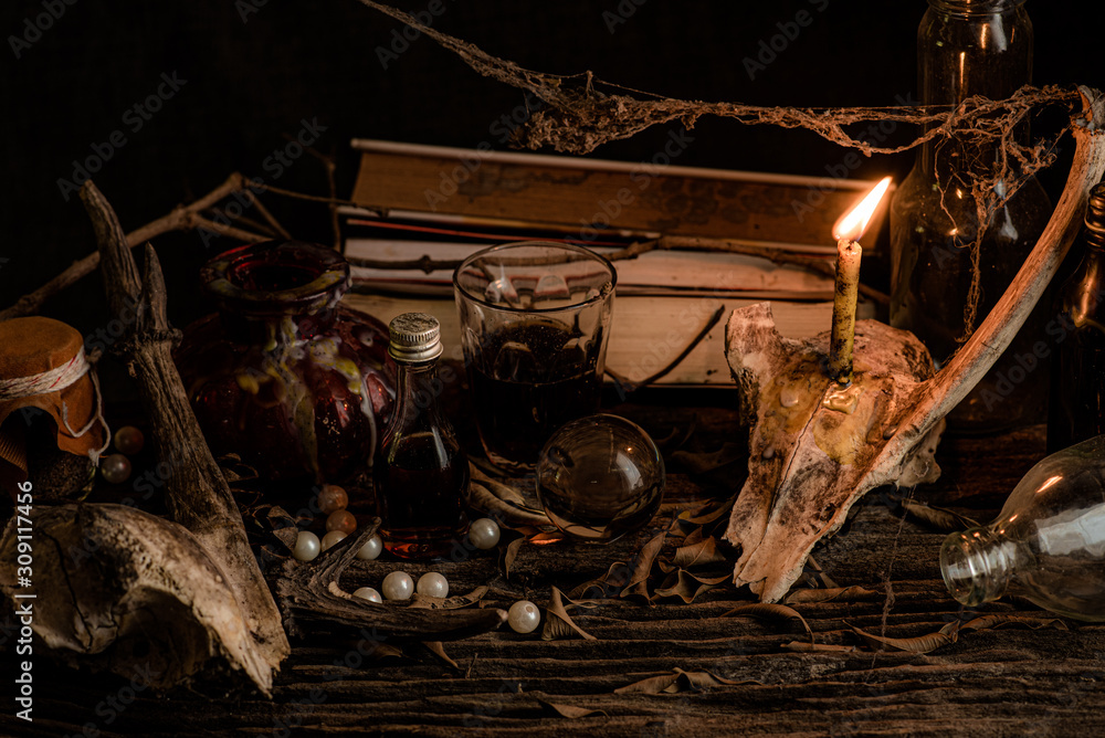 Black magic with the use of animal bones and crystal ball and light from  candles Stock Photo | Adobe Stock
