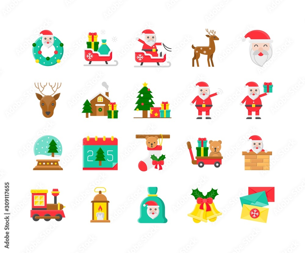 Christmas decoration and santa claus flat icon set