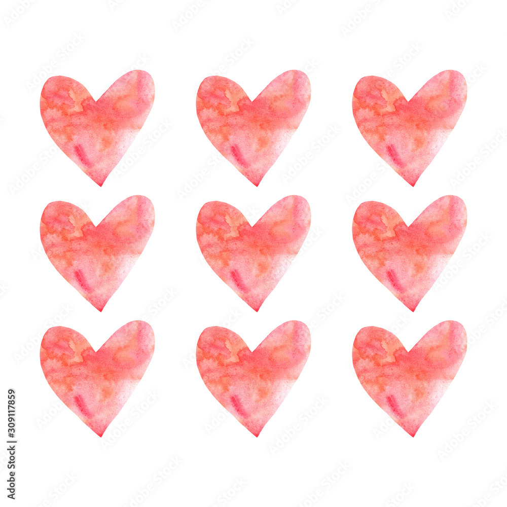 Watercolor hearts in row. Perfect for creating romantic postcards and Valentines Day decor. Hand drawn. Isolated on white background