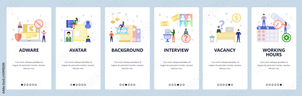 Mobile app onboarding screens. Working hours, calendar, office desk, employee profile, adware. Menu vector banner template for website and mobile development. Web site design flat illustration