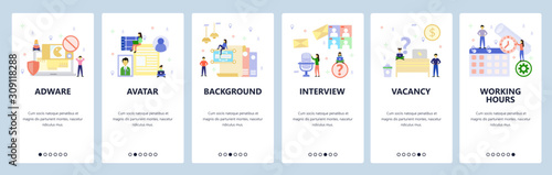 Mobile app onboarding screens. Working hours, calendar, office desk, employee profile, adware. Menu vector banner template for website and mobile development. Web site design flat illustration