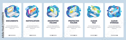 Mobile app onboarding screens. Secure cloud storage, encrypted folder, secure file access, documents, warning message. Vector template for website and mobile development. Web site design illustration