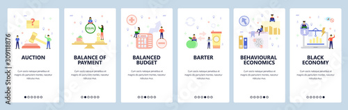 Mobile app onboarding screens. Behavioural economy, black market, financial chart, business auction. Menu vector banner template for website and mobile development. Web site design flat illustration