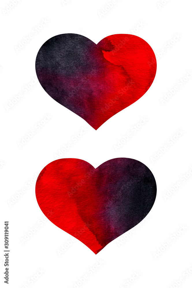 Red-black heart for Valentine day. Watercolor splashes, brush strokes