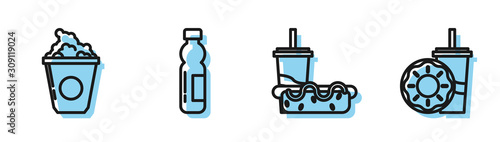 Set line Paper glass with drinking straw and hotdog, Popcorn in cardboard box, Bottle of water and Paper glass with drinking straw and donut icon. Vector