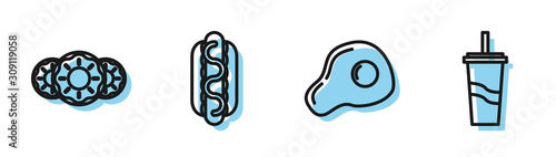 Set line Scrambled eggs, Donut with sweet glaze, Hotdog sandwich with mustard and Paper glass with drinking straw and water icon. Vector