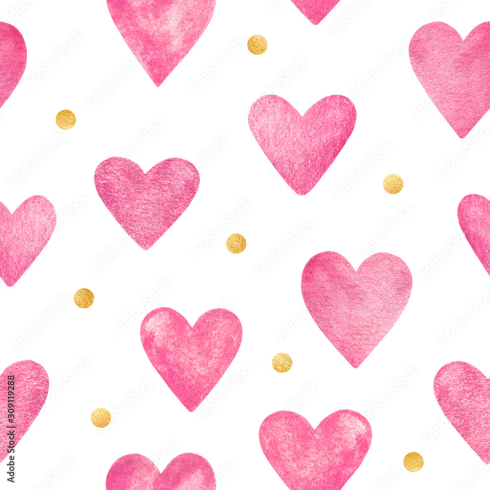 Watercolor illustration sparkling pink hearts and gold spots isolated on white background. Seamless pattern with hand painted watercolor hearts for gift paper, wedding decor or fabric textile.