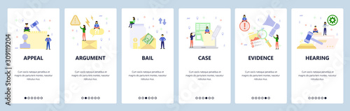 Mobile app onboarding screens. Court appeal, money bail, legal case, evidence, hearing, lawyer. Menu vector banner template for website and mobile development. Web site design flat illustration