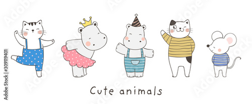 Draw collection cute animal on white.