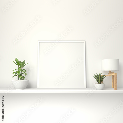 Home interior poster mock up with ceramic vase and plant, wooden table lamp on white wall background. 3D rendering. Illustration © StudioTeatika