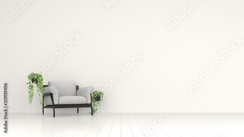 Interior wall mock up with grey sofa, with hanging plants in vase on empty white background. 3D rendering, Illustration