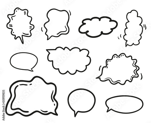 Set of hand drawn speech bubbles. Abstract speech bubble on white. Black and white illustration