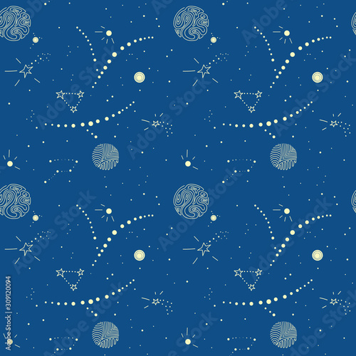 Hand drawn seamless pattern with the image of the cosmos. The cosmic Constellation of galaxies, planets, stars. Astronomical background, Starry sky .