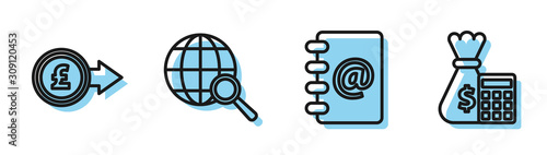 Set line Address book, Coin money with pound sterling symbol, Magnifying glass with globe and Calculator with money bag icon. Vector