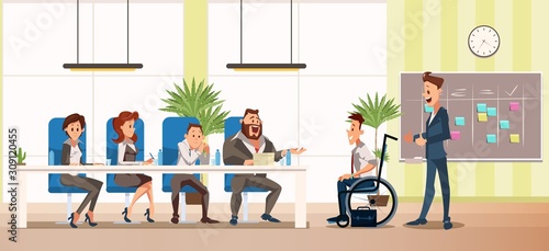 Disabled Person Successful Employment Trendy Flat Vector Concept with Company HR Managers Team, Boss Congratulating Man in Wheelchair with Successful Job Interview and Candidate Approval Illustration