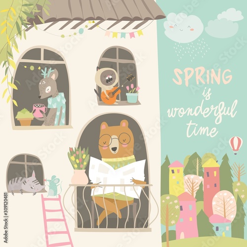 Cute animals look out of the windows. Hello spring