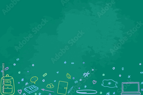Back to school. Abstract blackboard. Sketchy background with hand drawn school supplies