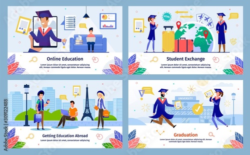 Modern Student Education Opportunities Trendy Flat Vector Banners, Posters Templates Set. College Students Traveling World with Exchange Program, Studying Online, Celebrating Graduation Illustration