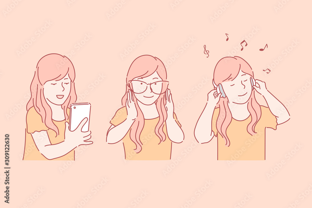 Leisure time, pleasant pastime, teens relax concept. Cute girl making selfie, using smartphone. Female teenager wearing eyeglasses. Dreamy kid enjoying music in headphones. Simple flat vector Leisure time, pleasant pastime, teens relax concept. Cute girl making selfie, using smartphone. Female teenager wearing eyeglasses. Dreamy kid enjoying music in headphones. Simple flat vector