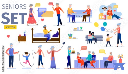 Happy Seniors, Active Aged People Trendy Flat Vector Characters Set. Grandparents Playing with Kids, Talking and Playing Chess with Friends, Celebrating Birthday with Family and Relatives Illustration