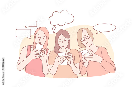 Online communication, correspondence, message app concept. Messaging, chatting, positive and negative emotions, good and bad news, young women with smartphones and speech bubbles. Simple flat vector