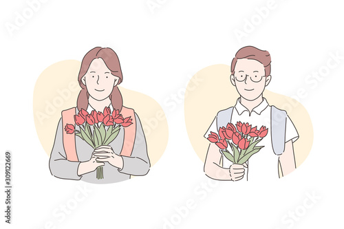 Holiday, congratulation, present concept. Conviviality, festive mood, positive emotions, romantic atmosphere, young man and woman with flower bouquets, people with red tulips. Simple flat vector