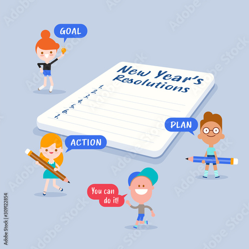 Cheerful tiny kids with New year's resolutions list on notepad. Vector cartoon illustration in flat design style.