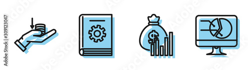 Set line Money bag and diagram graph, Money on hand, User manual and Computer monitor with graph chart icon. Vector