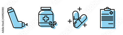 Set line Medicine pill or tablet, Inhaler, Medicine bottle and pills and Medical clipboard with clinical record icon. Vector